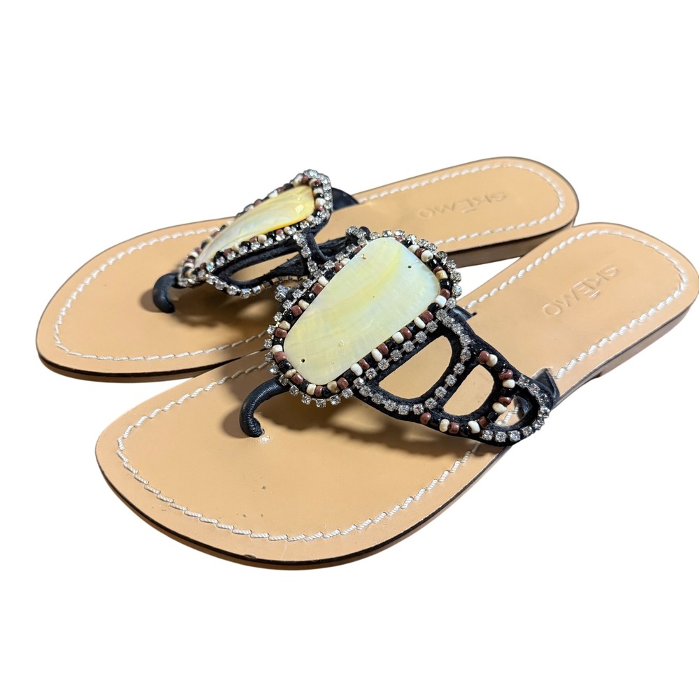 Skemo Sandals Womens 8 Black Mother of Pearl Rhinestone Beaded Beach Flip Flop